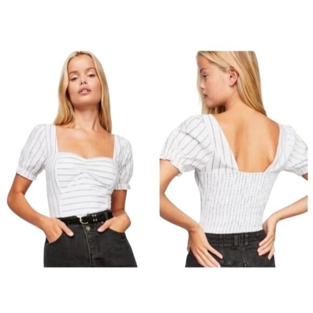 Free People Striped Rose Garden Crop Top Size XS Short Puff Sleeve Smocked White